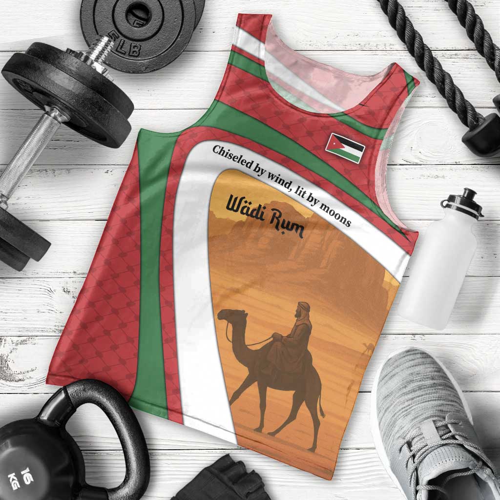 Wadi Rum Desert Men Tank Top with Camel Rider and Jordan Flag Colors