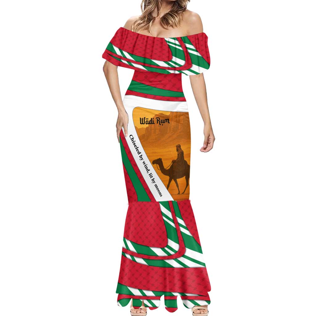 Wadi Rum Desert Mermaid Dress with Camel Rider and Jordan Flag Colors
