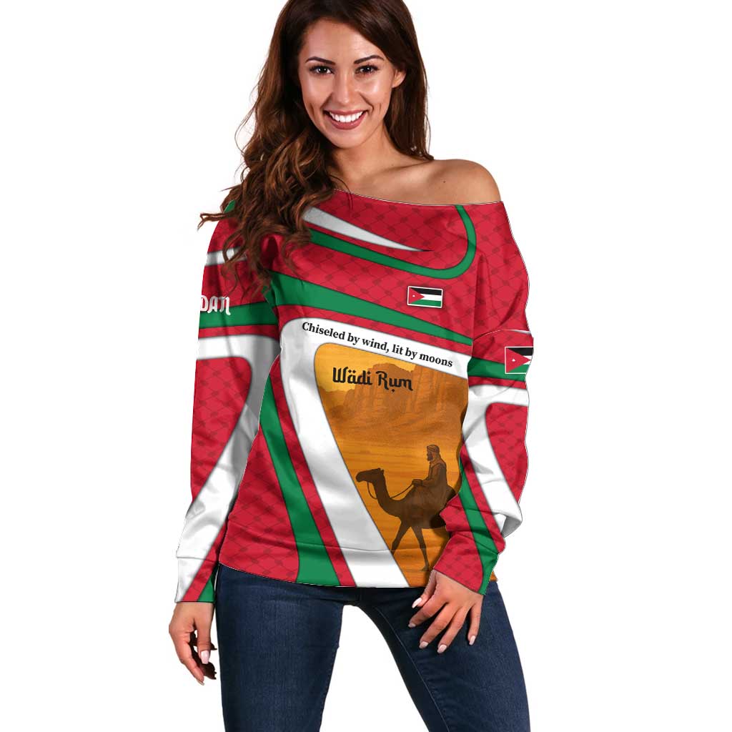 Wadi Rum Desert Off Shoulder Sweater with Camel Rider and Jordan Flag Colors