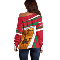 Wadi Rum Desert Off Shoulder Sweater with Camel Rider and Jordan Flag Colors