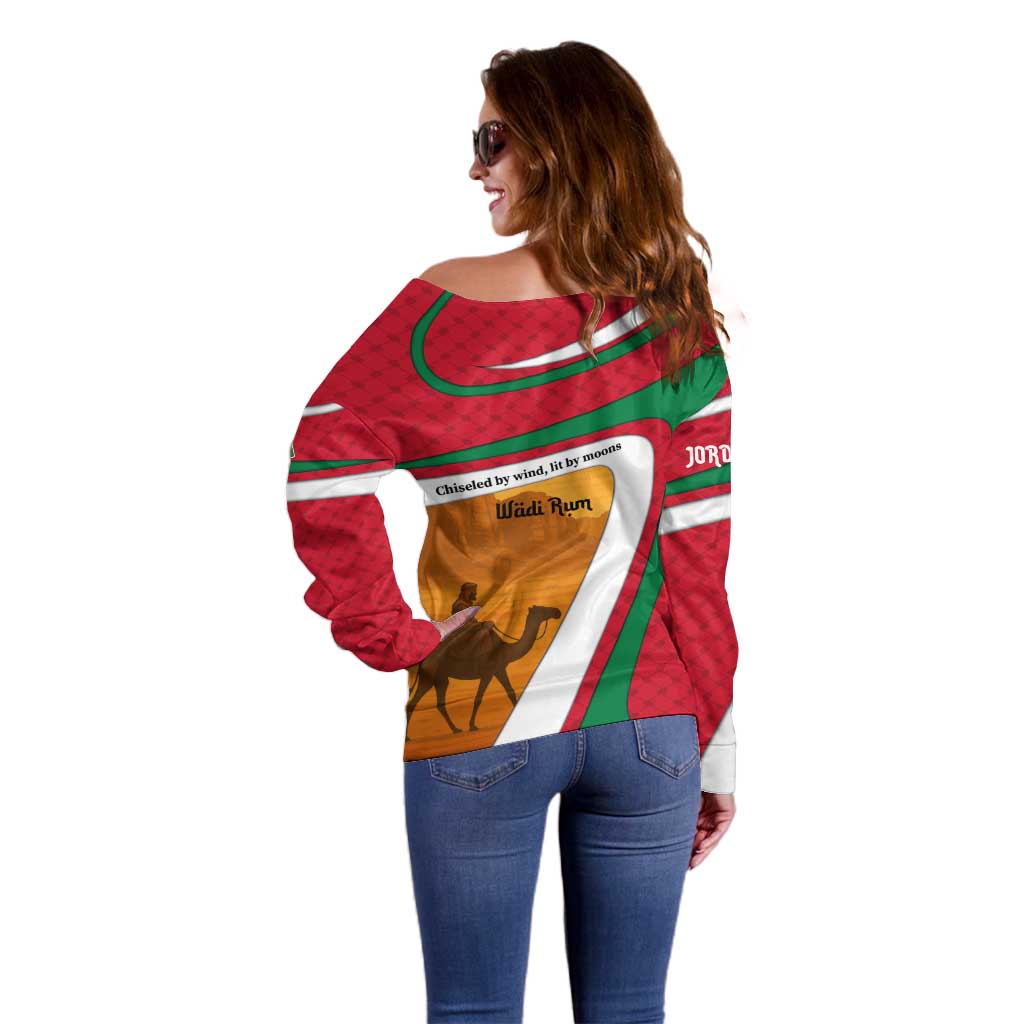 Wadi Rum Desert Off Shoulder Sweater with Camel Rider and Jordan Flag Colors