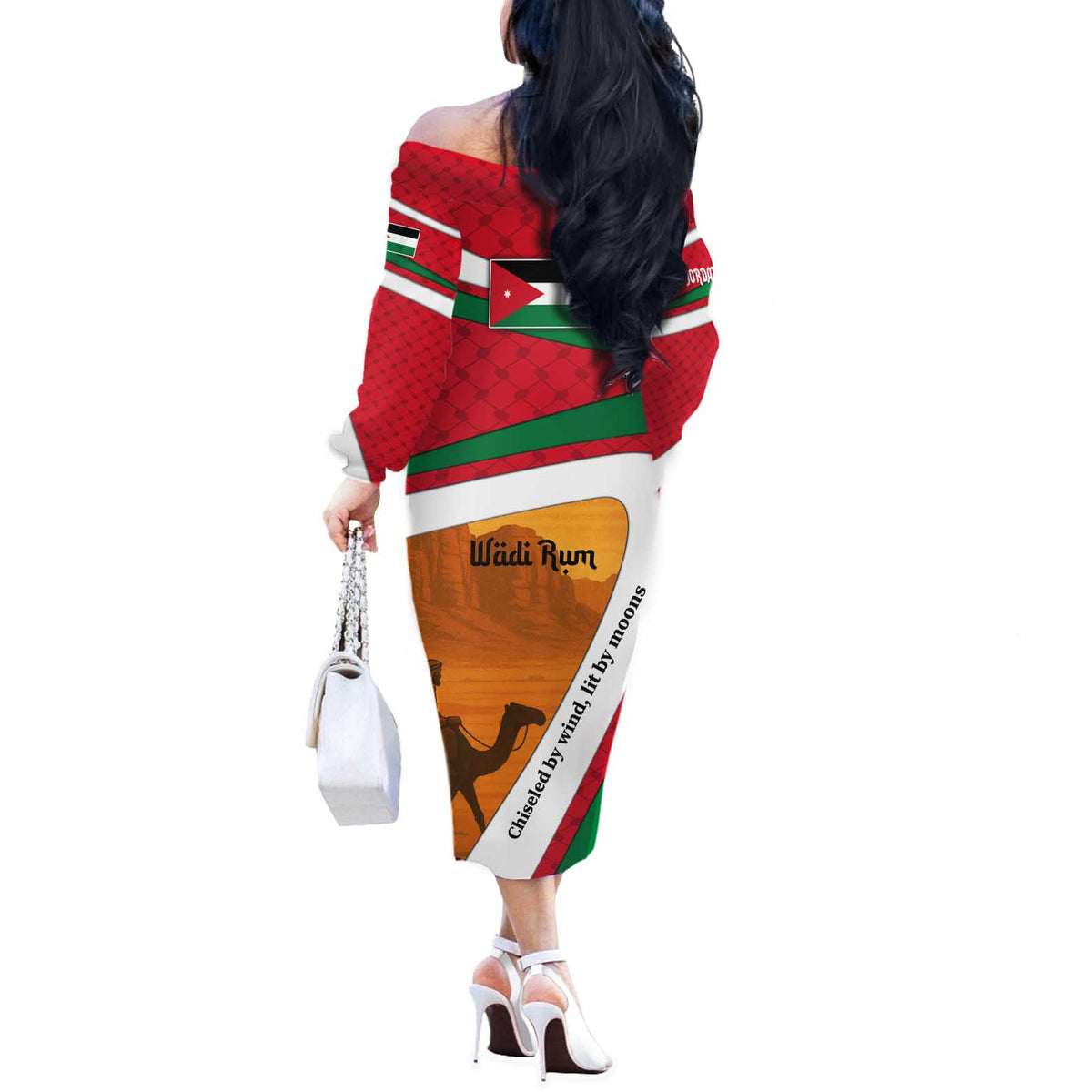 Wadi Rum Desert Off The Shoulder Long Sleeve Dress with Camel Rider and Jordan Flag Colors