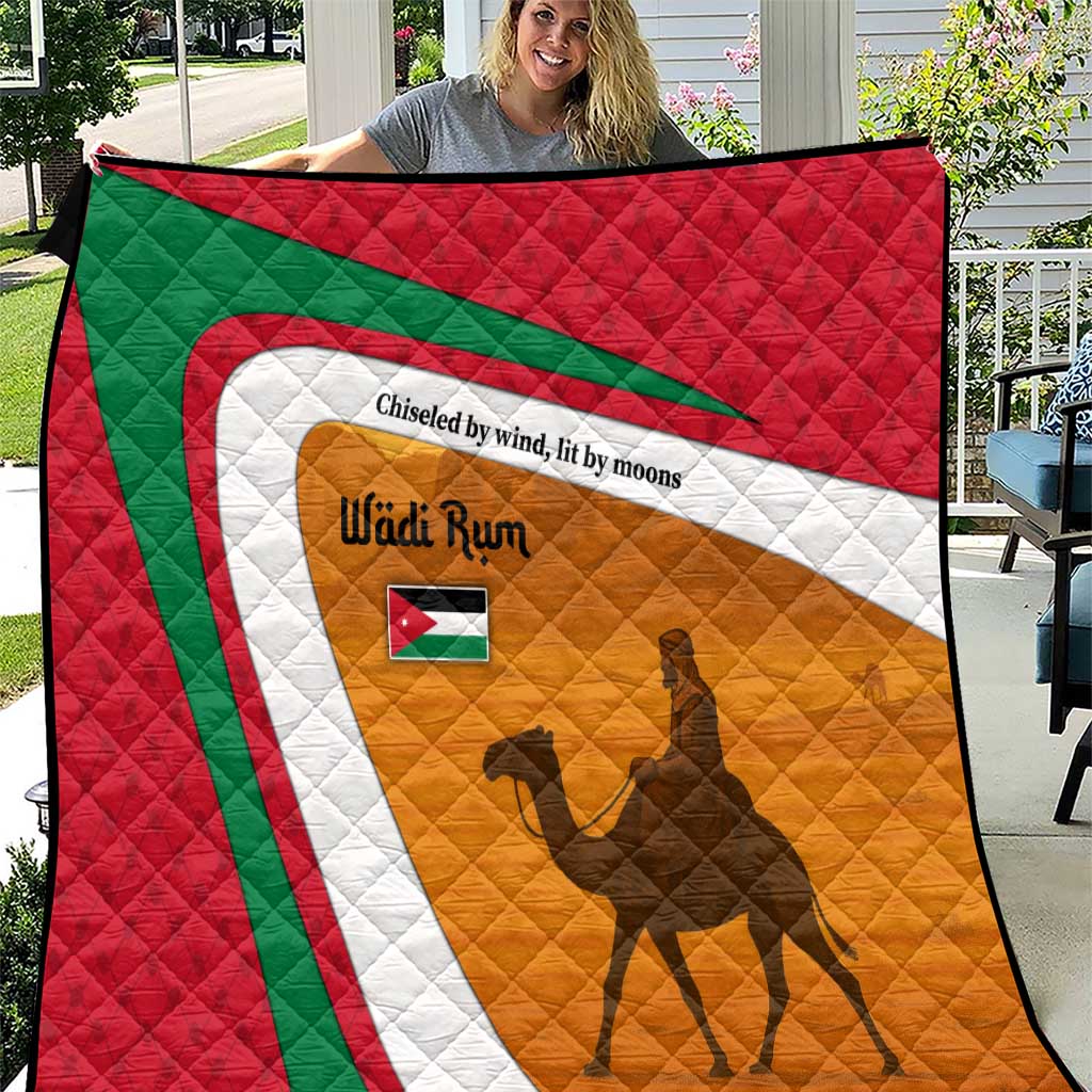 Wadi Rum Desert Quilt with Camel Rider and Jordan Flag Colors