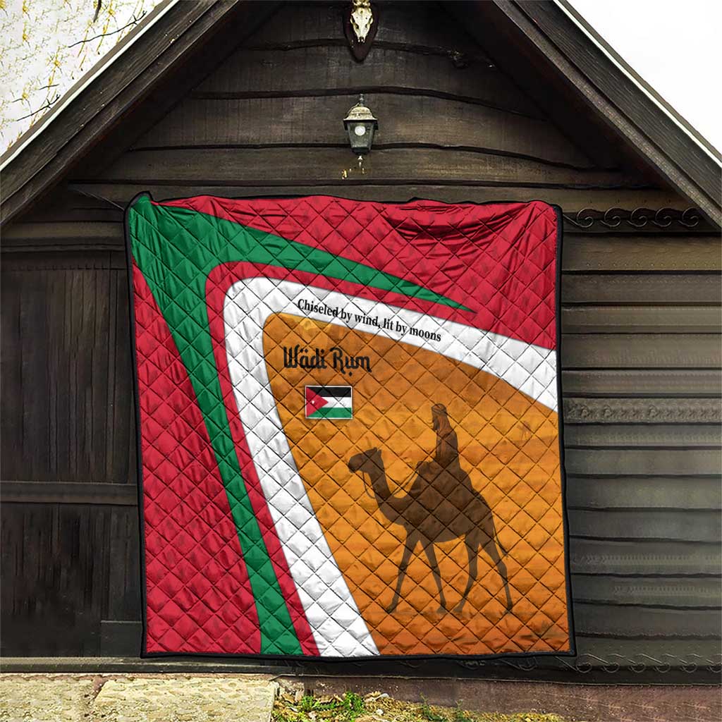 Wadi Rum Desert Quilt with Camel Rider and Jordan Flag Colors