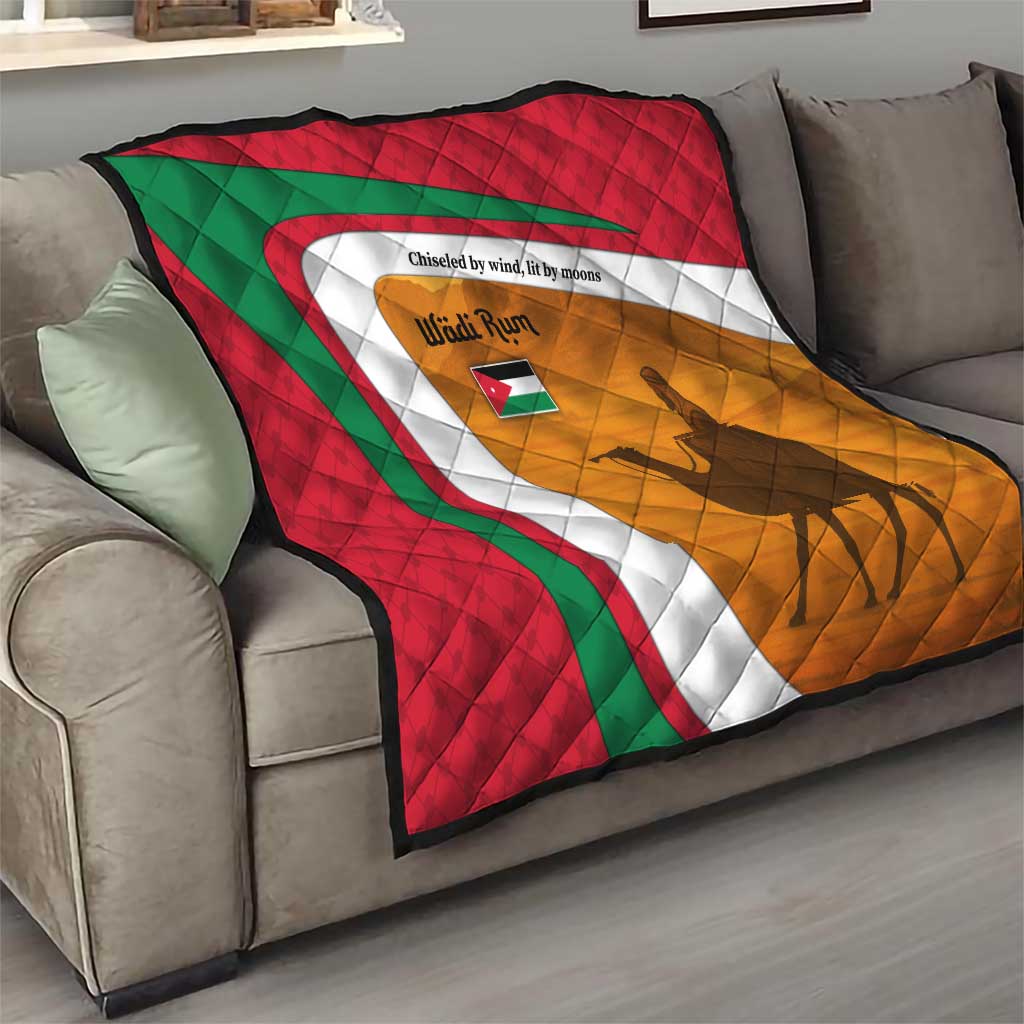 Wadi Rum Desert Quilt with Camel Rider and Jordan Flag Colors