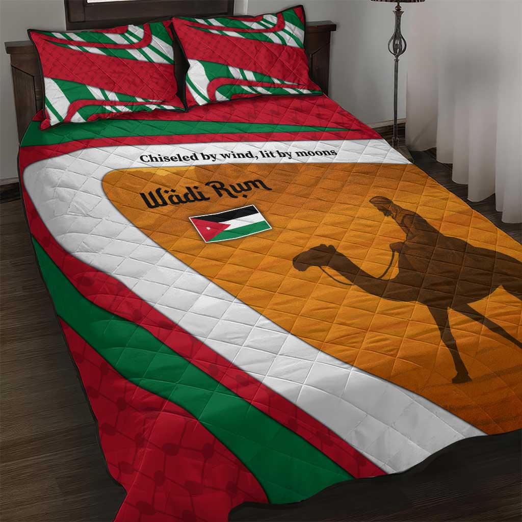 Wadi Rum Desert Quilt Bed Set with Camel Rider and Jordan Flag Colors