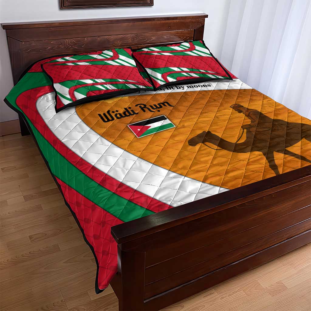 Wadi Rum Desert Quilt Bed Set with Camel Rider and Jordan Flag Colors