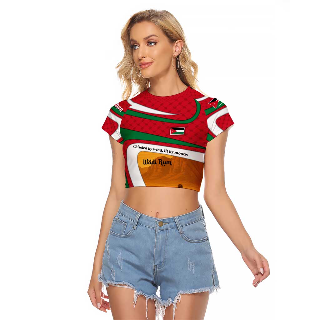 Wadi Rum Desert Raglan Cropped T Shirt with Camel Rider and Jordan Flag Colors