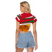 Wadi Rum Desert Raglan Cropped T Shirt with Camel Rider and Jordan Flag Colors