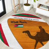 Wadi Rum Desert Round Carpet with Camel Rider and Jordan Flag Colors
