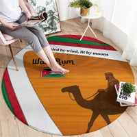 Wadi Rum Desert Round Carpet with Camel Rider and Jordan Flag Colors