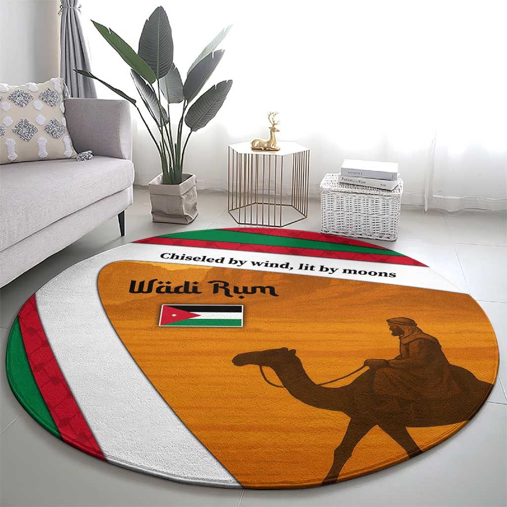 Wadi Rum Desert Round Carpet with Camel Rider and Jordan Flag Colors