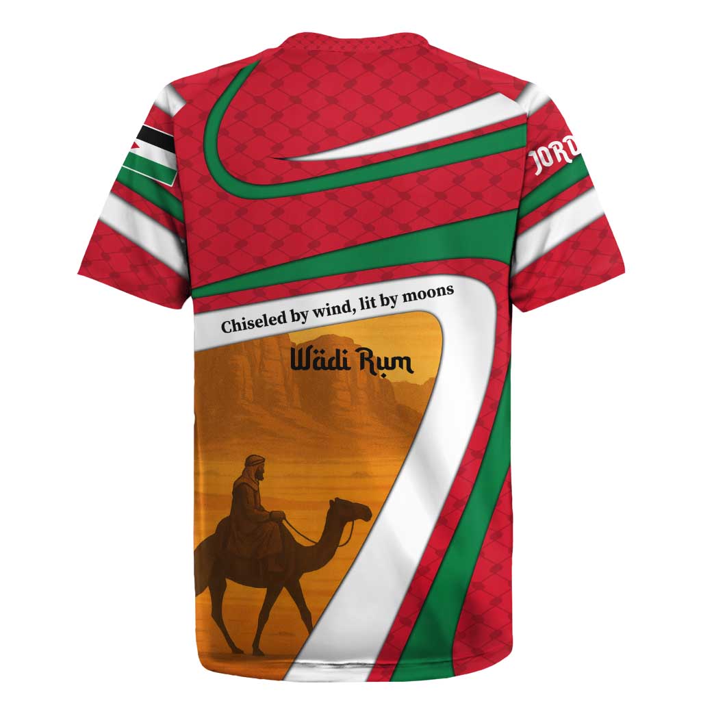 Wadi Rum Desert Rugby Jersey with Camel Rider and Jordan Flag Colors