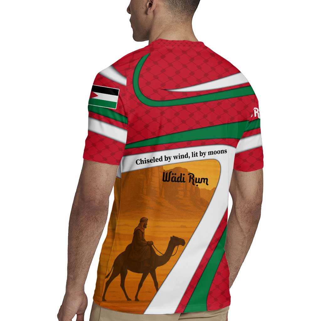 Wadi Rum Desert Rugby Jersey with Camel Rider and Jordan Flag Colors
