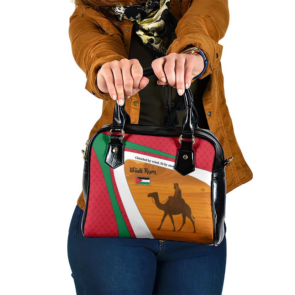 Wadi Rum Desert Shoulder Handbag with Camel Rider and Jordan Flag Colors