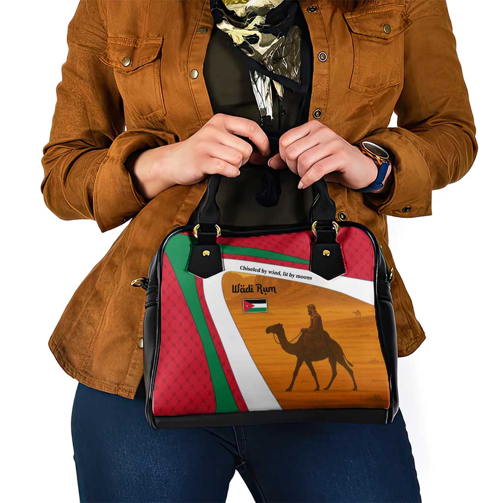 Wadi Rum Desert Shoulder Handbag with Camel Rider and Jordan Flag Colors
