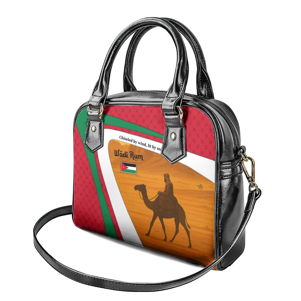 Wadi Rum Desert Shoulder Handbag with Camel Rider and Jordan Flag Colors