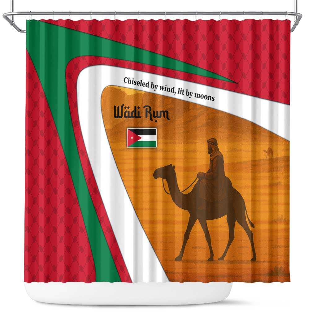 Wadi Rum Desert Shower Curtain with Camel Rider and Jordan Flag Colors