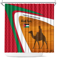 Wadi Rum Desert Shower Curtain with Camel Rider and Jordan Flag Colors