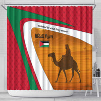 Wadi Rum Desert Shower Curtain with Camel Rider and Jordan Flag Colors