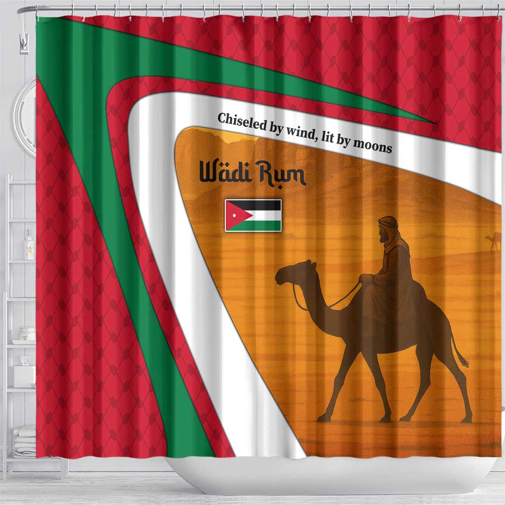 Wadi Rum Desert Shower Curtain with Camel Rider and Jordan Flag Colors