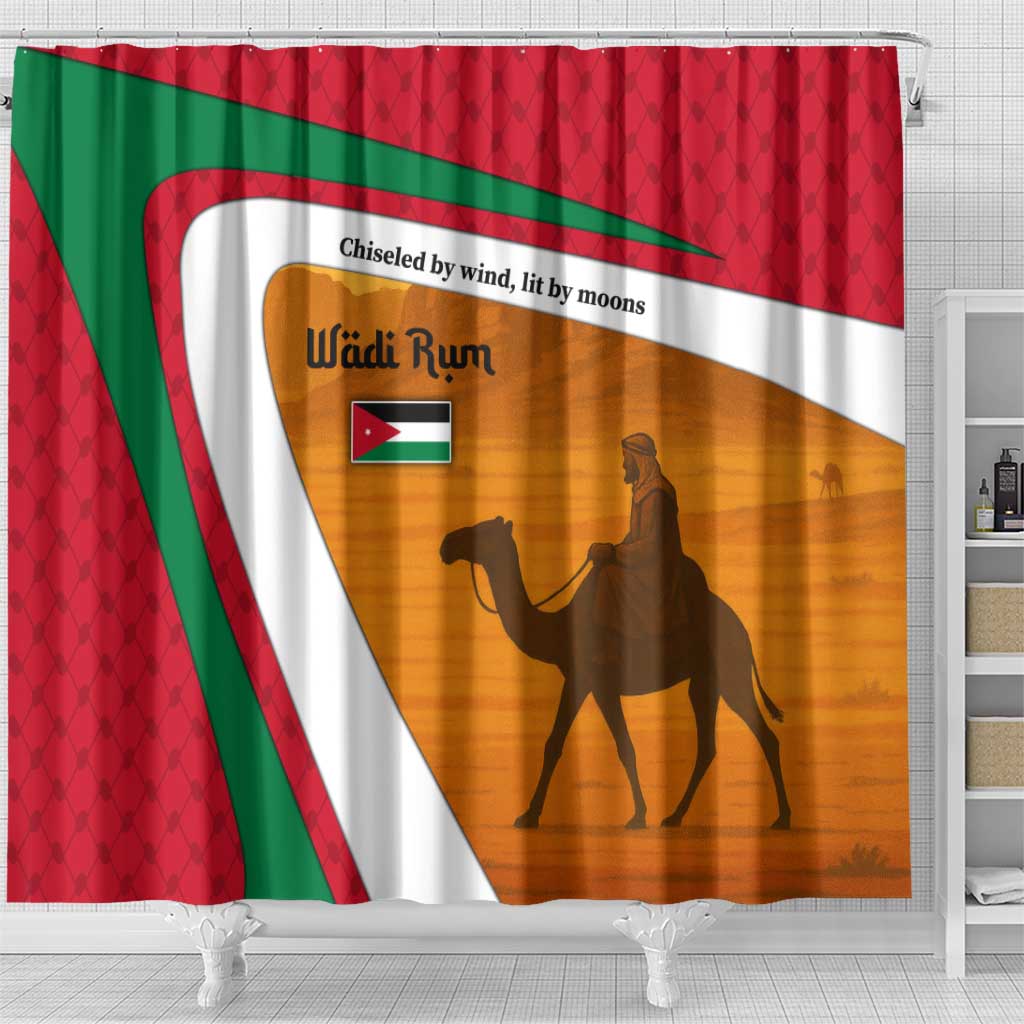 Wadi Rum Desert Shower Curtain with Camel Rider and Jordan Flag Colors