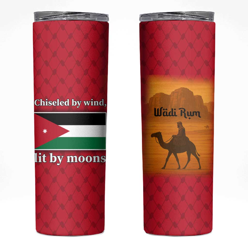 Wadi Rum Desert Skinny Tumbler with Camel Rider and Jordan Flag Colors