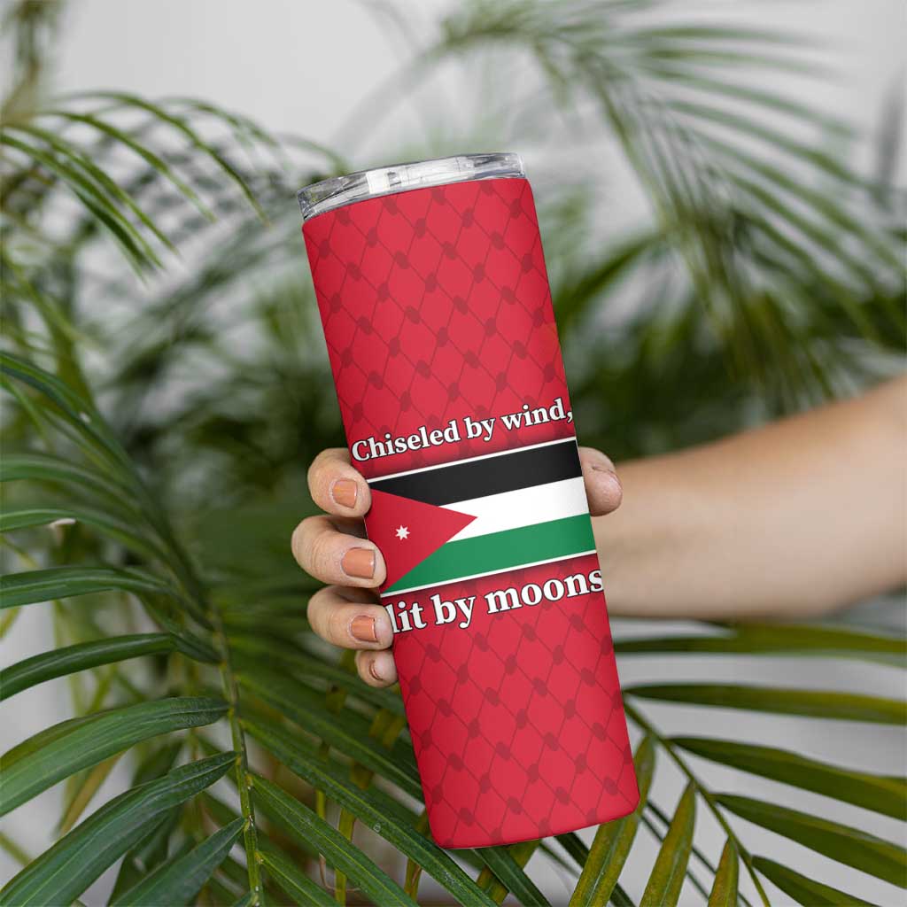 Wadi Rum Desert Skinny Tumbler with Camel Rider and Jordan Flag Colors