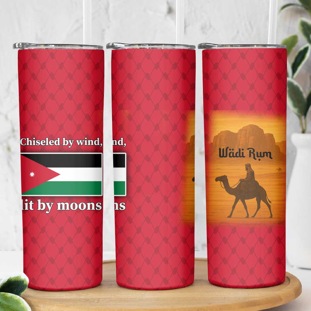 Wadi Rum Desert Skinny Tumbler with Camel Rider and Jordan Flag Colors