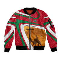 Wadi Rum Desert Sleeve Zip Bomber Jacket with Camel Rider and Jordan Flag Colors