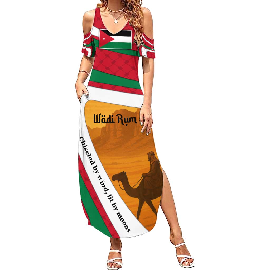 Wadi Rum Desert Summer Maxi Dress with Camel Rider and Jordan Flag Colors