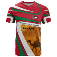Wadi Rum Desert T Shirt with Camel Rider and Jordan Flag Colors