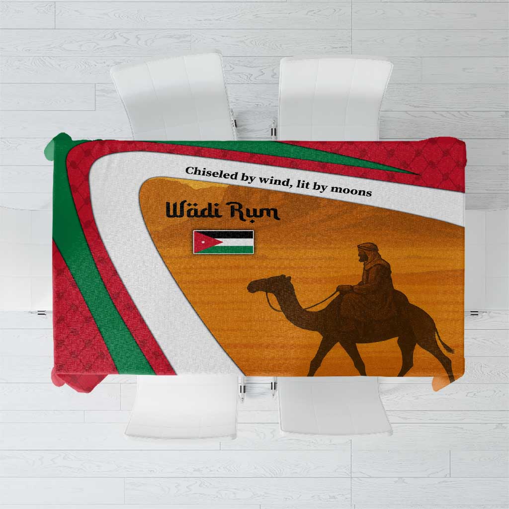 Wadi Rum Desert Tablecloth with Camel Rider and Jordan Flag Colors