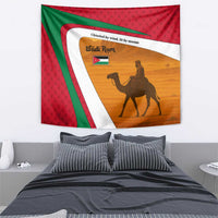 Wadi Rum Desert Tapestry with Camel Rider and Jordan Flag Colors