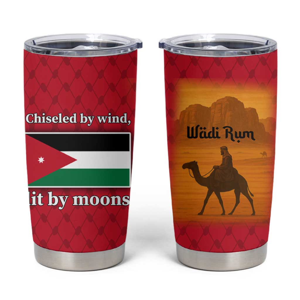 Wadi Rum Desert Tumbler Cup with Camel Rider and Jordan Flag Colors