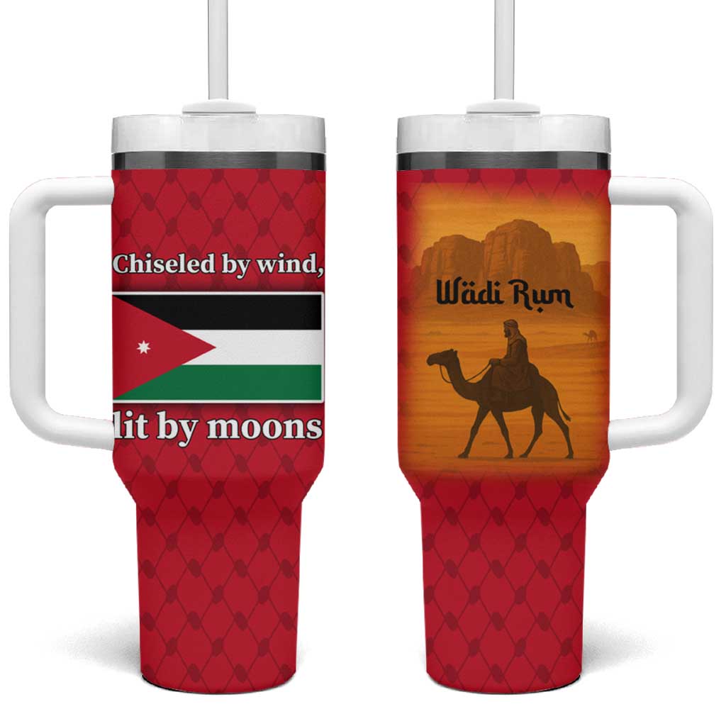 Wadi Rum Desert Tumbler With Handle with Camel Rider and Jordan Flag Colors