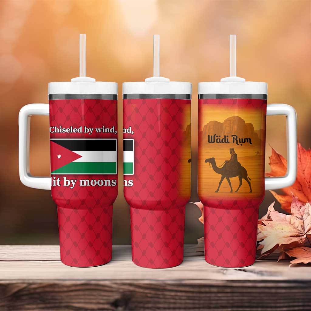 Wadi Rum Desert Tumbler With Handle with Camel Rider and Jordan Flag Colors