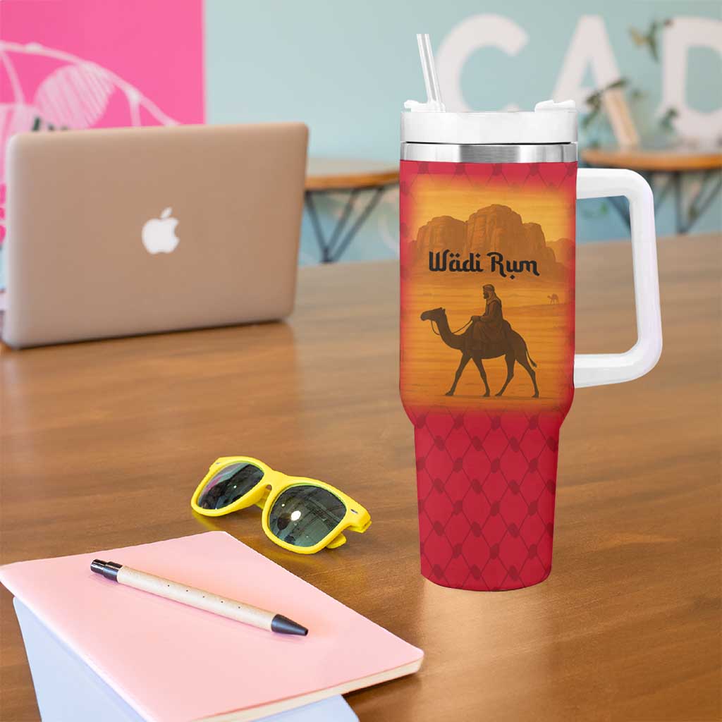 Wadi Rum Desert Tumbler With Handle with Camel Rider and Jordan Flag Colors