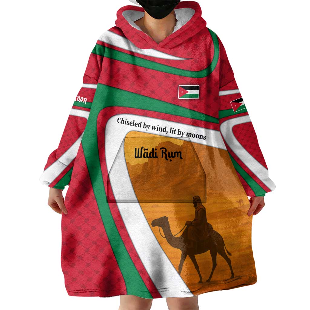Wadi Rum Desert Wearable Blanket Hoodie with Camel Rider and Jordan Flag Colors