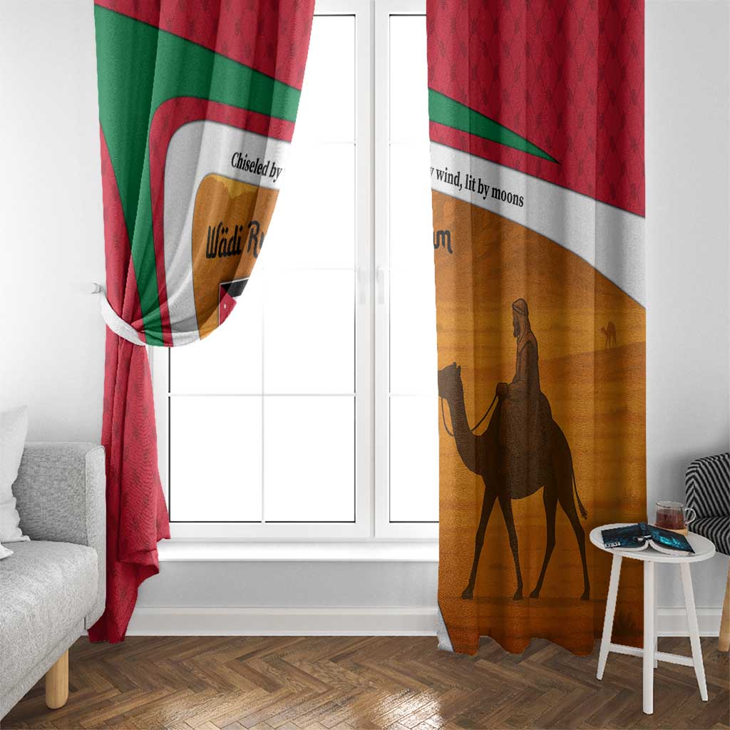 Wadi Rum Desert Window Curtain with Camel Rider and Jordan Flag Colors