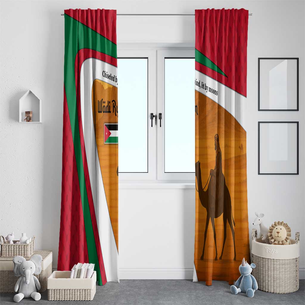 Wadi Rum Desert Window Curtain with Camel Rider and Jordan Flag Colors