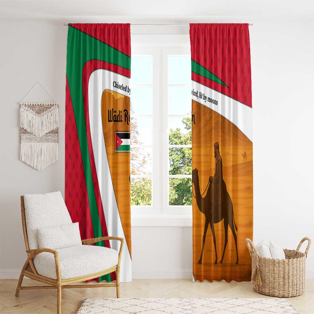 Wadi Rum Desert Window Curtain with Camel Rider and Jordan Flag Colors