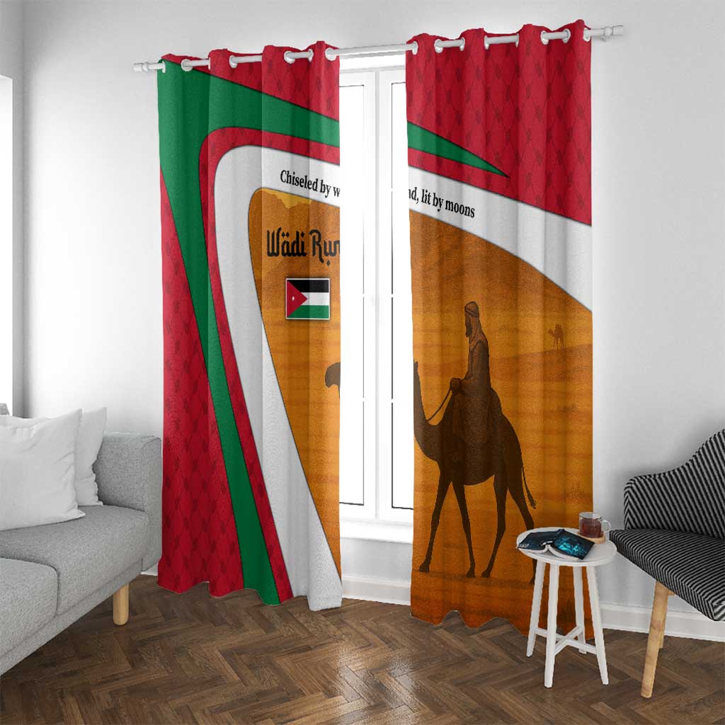 Wadi Rum Desert Window Curtain with Camel Rider and Jordan Flag Colors