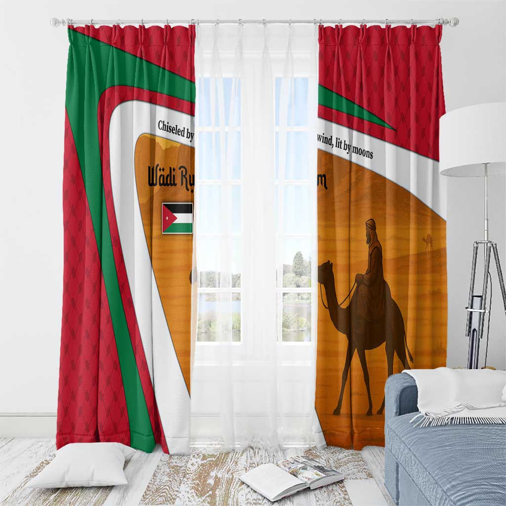 Wadi Rum Desert Window Curtain with Camel Rider and Jordan Flag Colors
