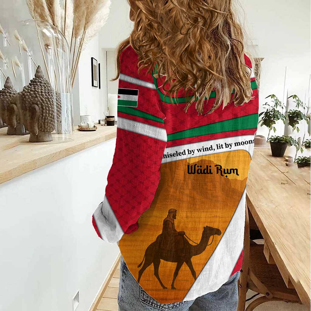 Wadi Rum Desert Women Casual Shirt with Camel Rider and Jordan Flag Colors
