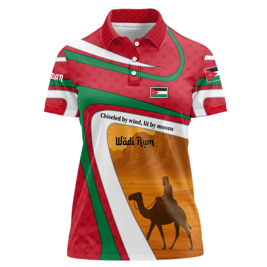 Wadi Rum Desert Women Polo Shirt with Camel Rider and Jordan Flag Colors