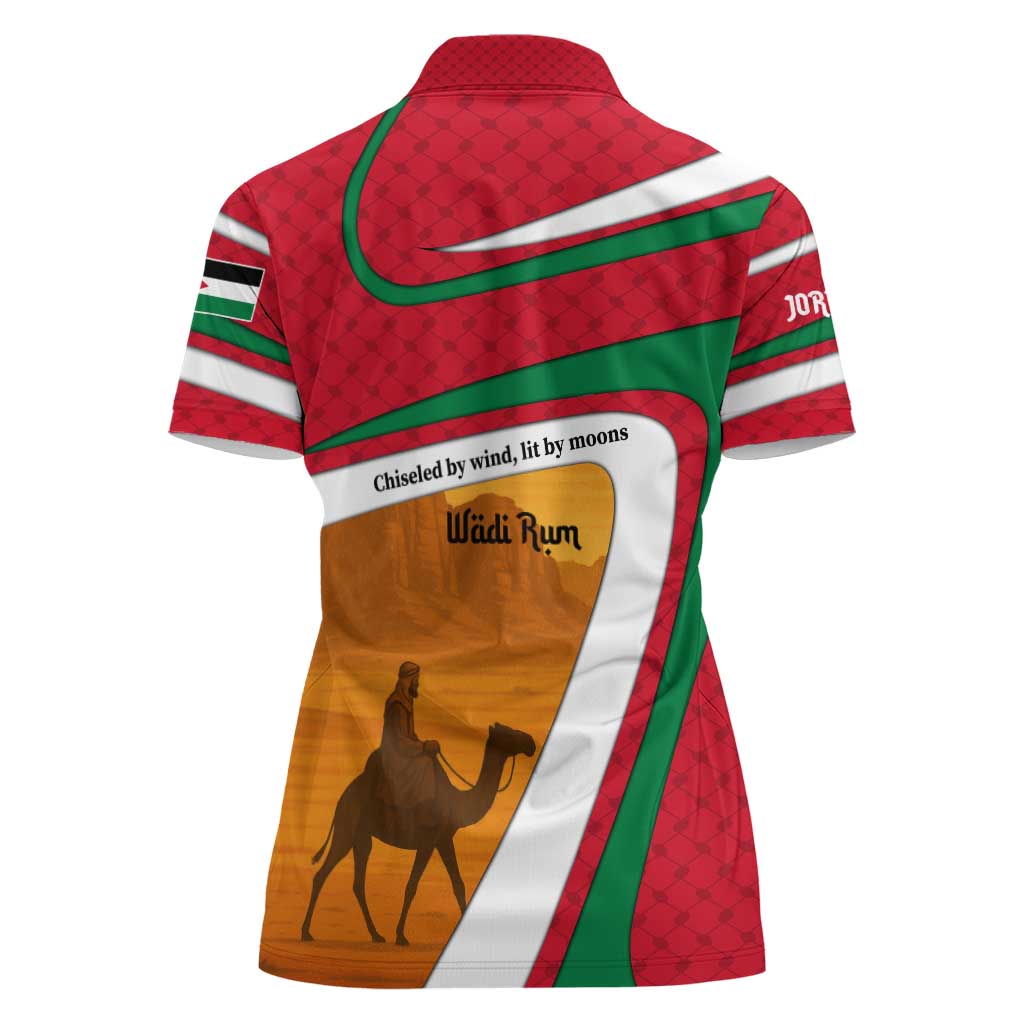 Wadi Rum Desert Women Polo Shirt with Camel Rider and Jordan Flag Colors