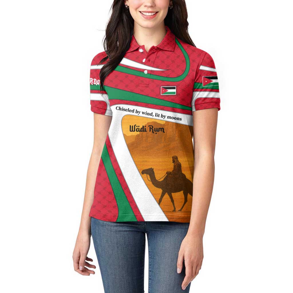 Wadi Rum Desert Women Polo Shirt with Camel Rider and Jordan Flag Colors