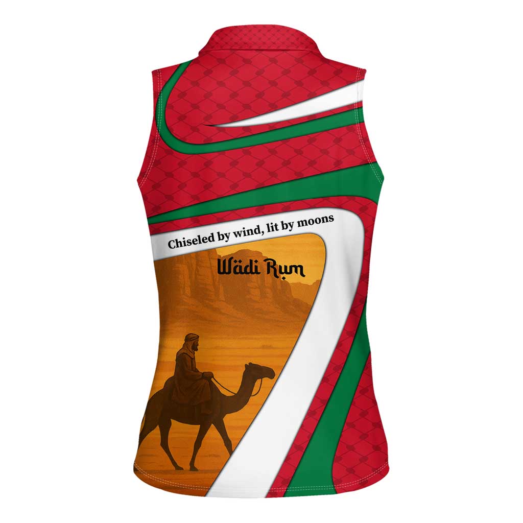 Wadi Rum Desert Women Sleeveless Polo Shirt with Camel Rider and Jordan Flag Colors