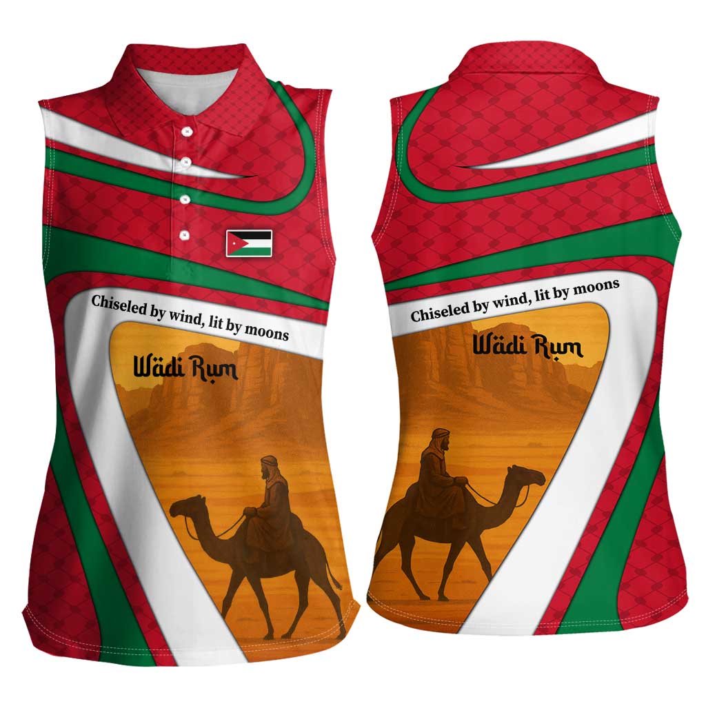 Wadi Rum Desert Women Sleeveless Polo Shirt with Camel Rider and Jordan Flag Colors